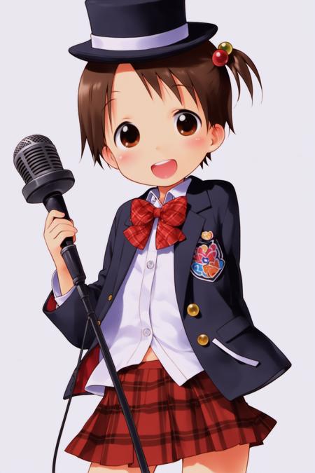 25903-1871147566-score_8_up,Chika Itou,1girl,solo,skirt,hat,brown hair,microphone,hair ornament,plaid,brown eyes,bow,smile,open mouth,jacket,hair.png